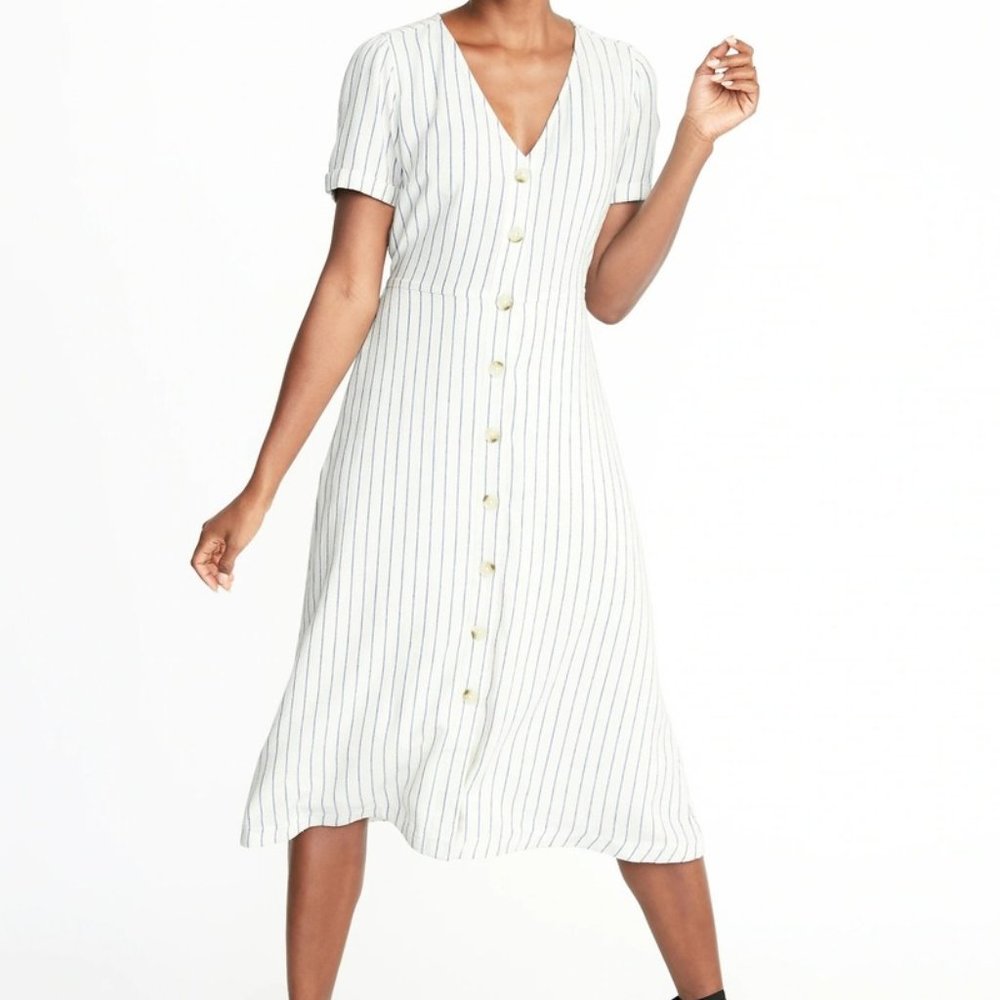 Button-Front Linen-Blend Fit & Flare Midi Dress
